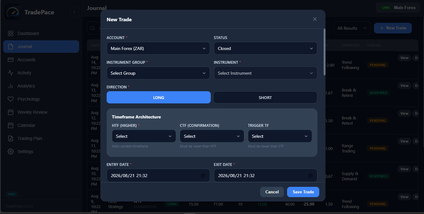TradePace new trade planned risk reward