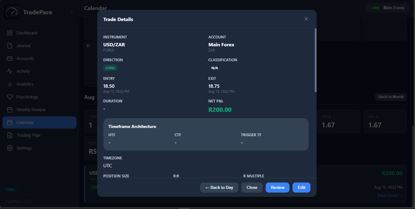 TradePace trade details