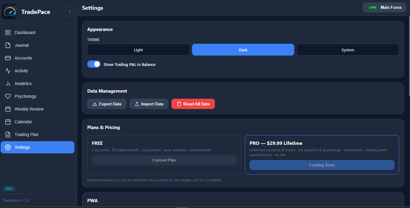 TradePace settings free vs pro